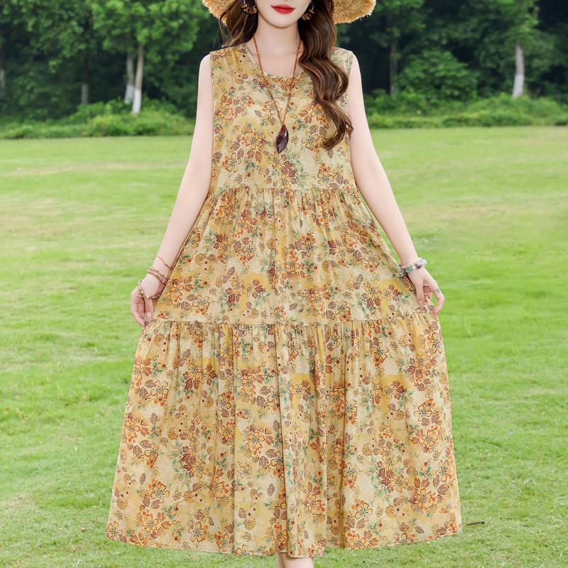 Elegant Sleeveless Dress for Women Plus Size Loose Vintage Print Long Dress Summer Middle-aged Women's Clothing