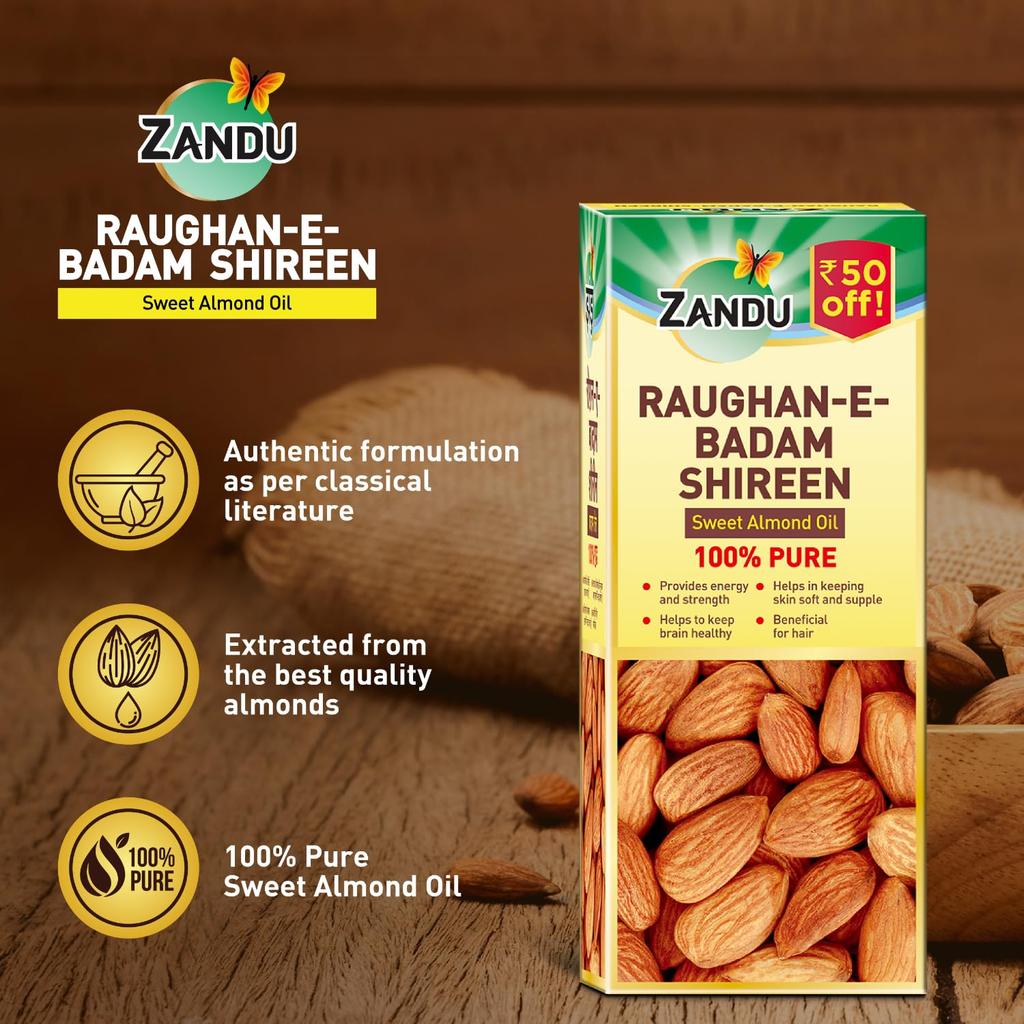 Zandu Raughan-E-Badam Shireen Sweet Almond Oil 100ml Pack of 1 for Skin Hair Energy and Wellness