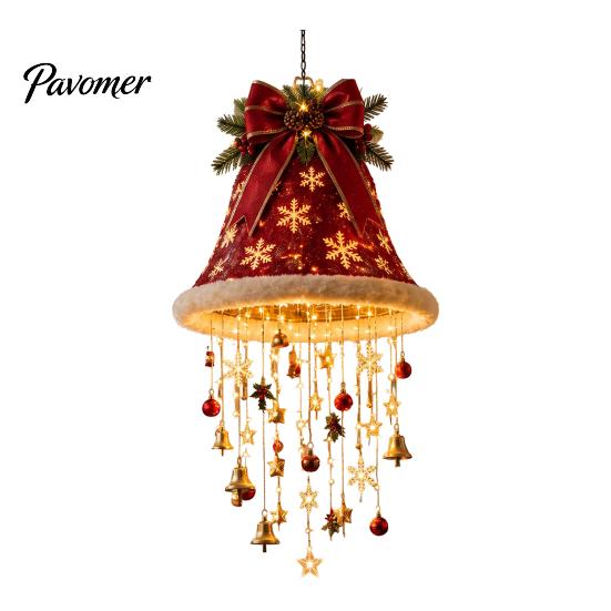 Winter Seasonal Landscaping Lighted Christmas Ceiling Hanging Decor, Pre-Lit Tree Bell Pendant with Plush Fabric Holiday Decor Warm LED, Porch Doorway