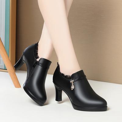 High Heeled Single Shoes Soft Sole Soft Surface Comfortable Deep Mouth Fashionable Plus Velvet Warm Women's Leather Shoes