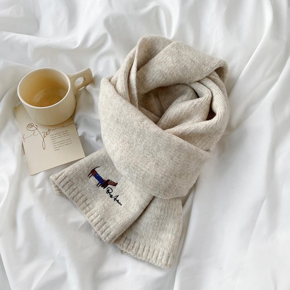 Winter knitted wool small scarf women's new high-end dog embroidery simple matching scarf