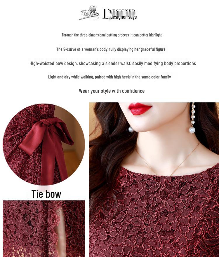 2023 Summer Wine Red Retro Lace Evening Dress