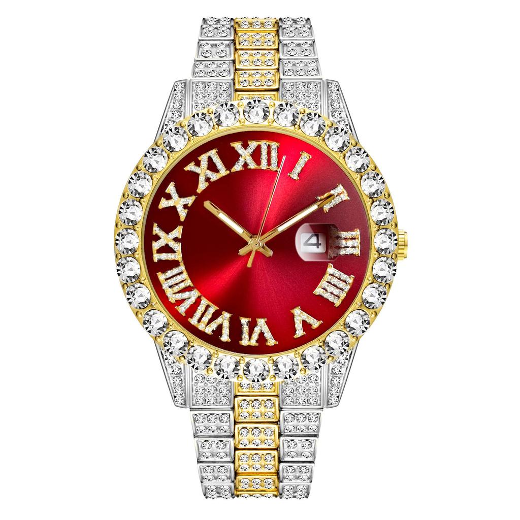 Stainless Steel Quartz Watch with Roman Numerals and Rhinestones