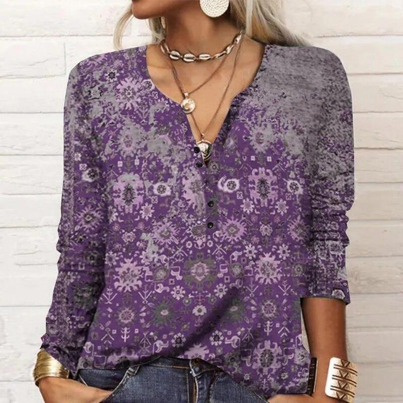 2024 Autumn/Winter Loose and Comfortable Mini Women's Long Sleeve Printed V-neck Fashion T-shirt Women Long Sleeve Top