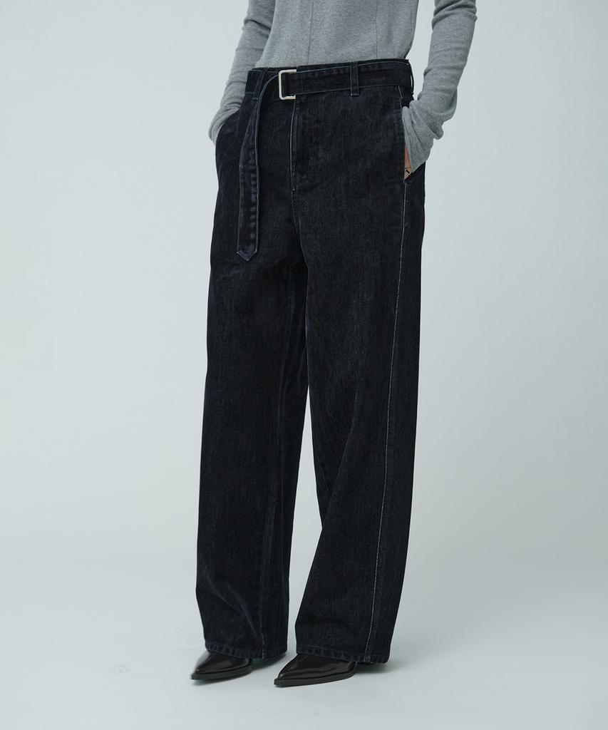 Muse Vitesse Curved Semi-Wide Buckle-Belted Denim Pants_Navy