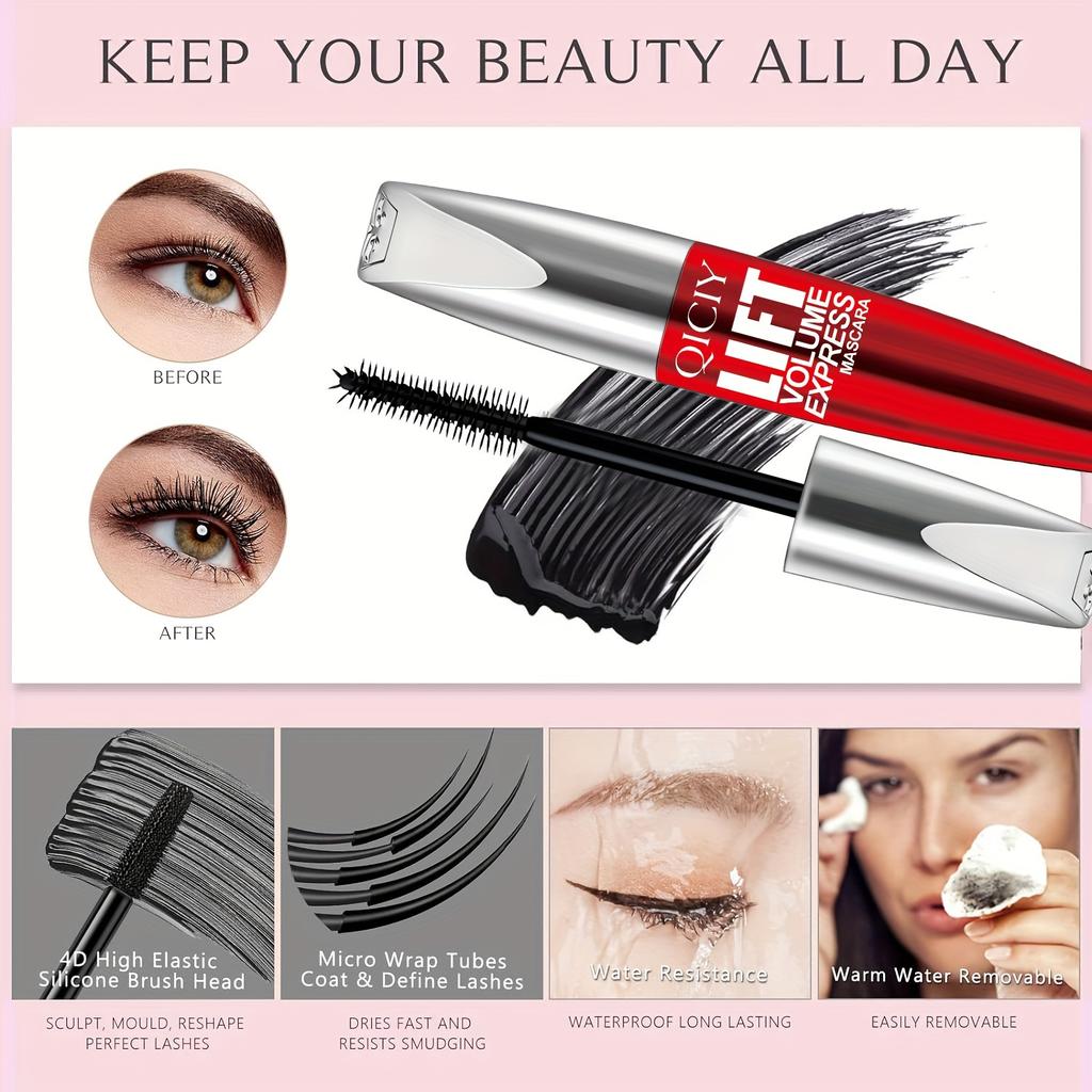 QICQY Lift Volume Express Waterproof Mascara for All Skin Types, Black - Long-Wearing, Lengthening, Clump-Free Formula with Intense Curl & Density