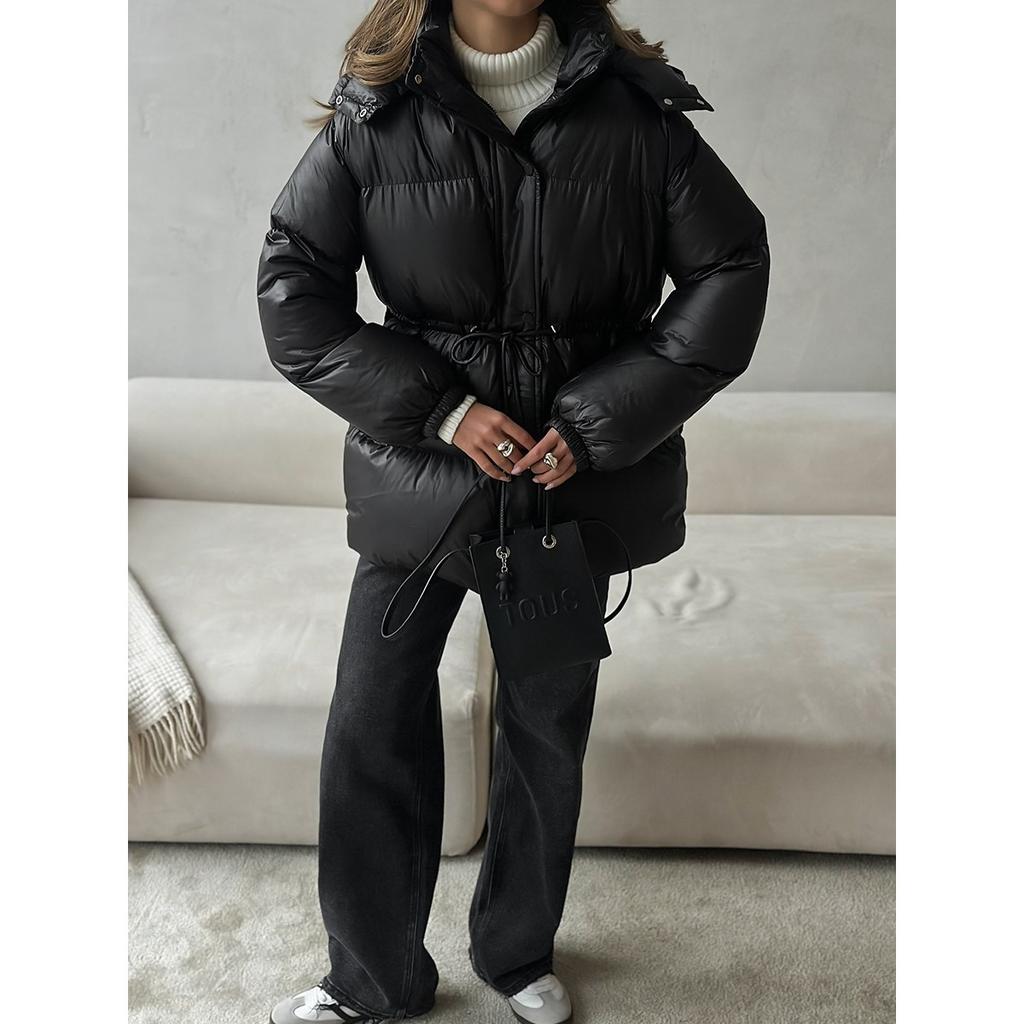 2025 Winter New Women's Drawstring Slim Fit Cotton Coat with Hood Zipper Warm Comfortable Outerwear for Europe and America