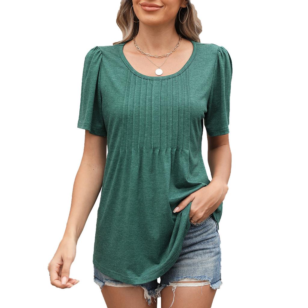 Women's Round Neck Short Sleeve Pleated Loose Fit Leaf Floral Print T Shirt Casual Daily Tunic Top