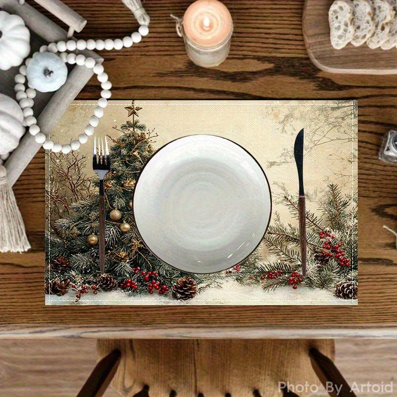 4pcs Linen Placemats, Christmas Tree Decorative Table Mats Set 12x18 Inches, Suitable for Home Kitchen Dining Tables, Holiday Party Decorations, and