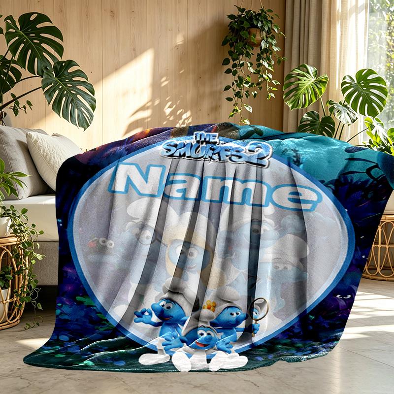 Custom Name Personalized Blue Smurfs Print Blanket, Home Decor, Bedroom, Sofa, Camping, Couch, Gifts for Birthday Christmas