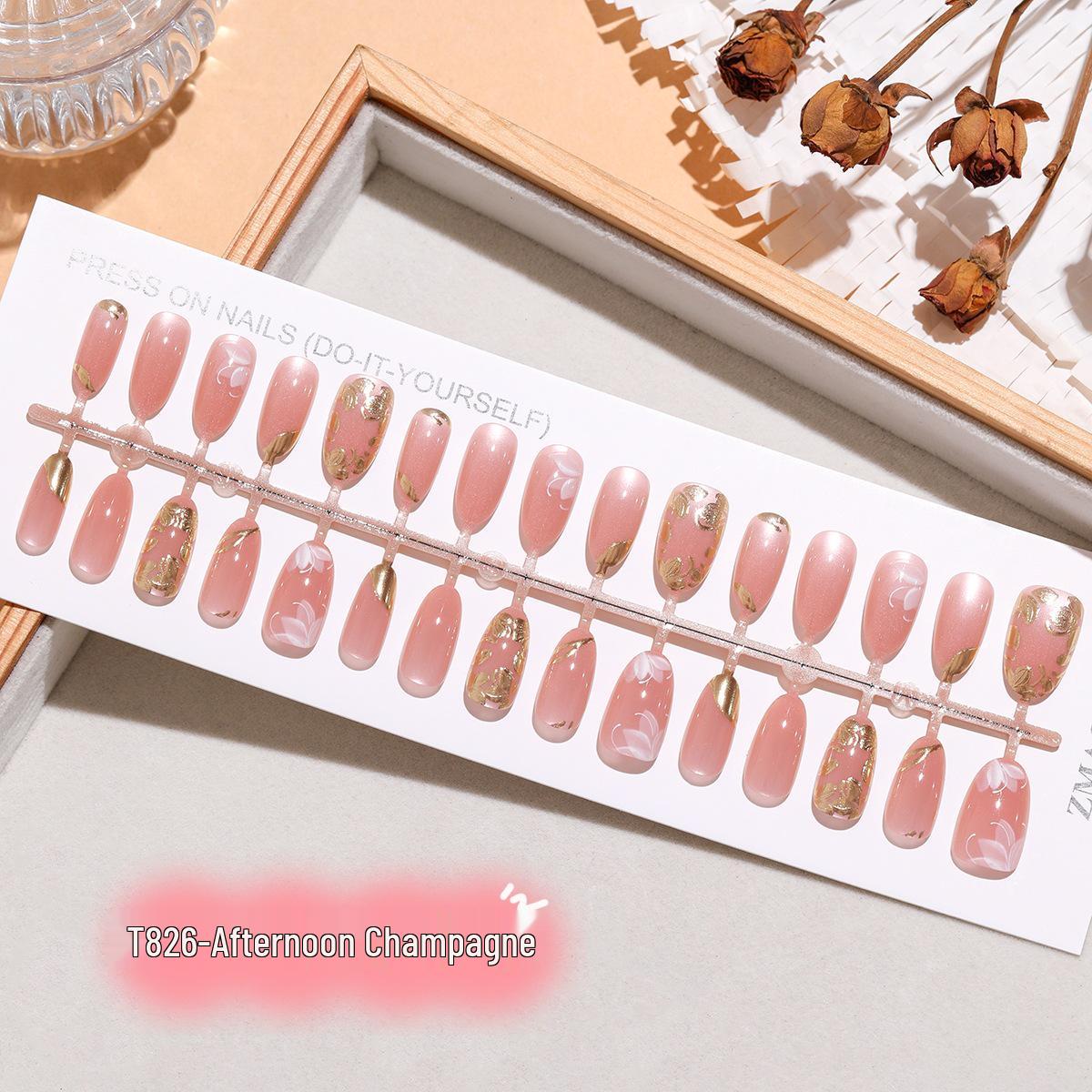 Afternoon Champagne Short Oval Nude Pink Cat Eye Press-on Nails with Gold Foil Floral Design