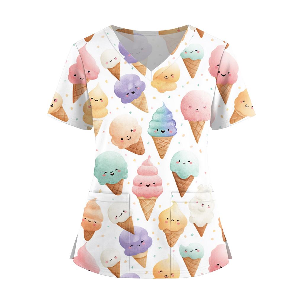 Women's Fashion V,Neck Short Sleeve Overalls With Pockets  Print Tops  Clothes
