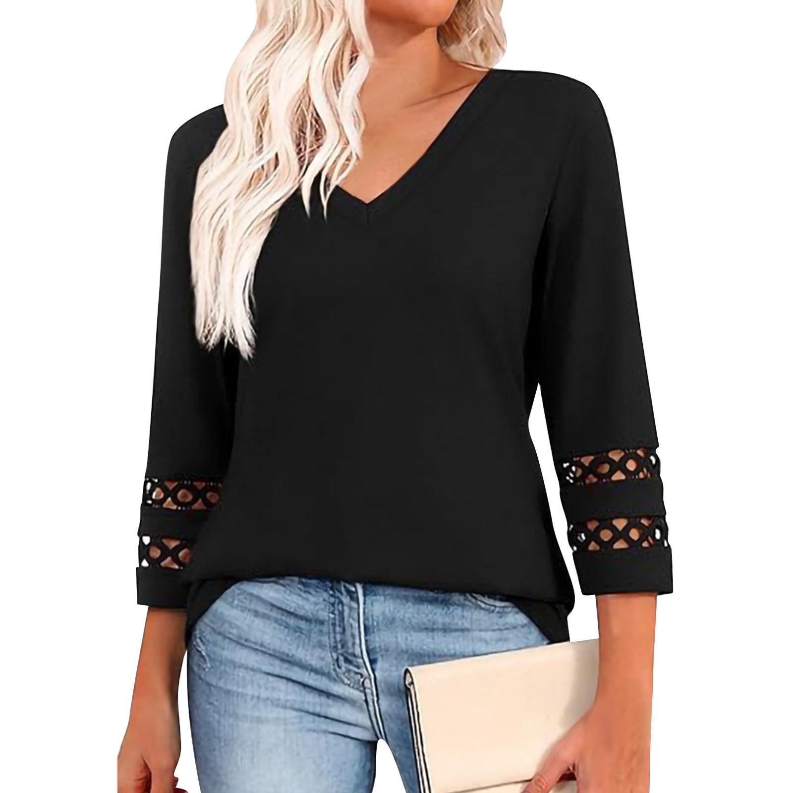 

Women s Fashion Color Loose V-neck Hollow 3/4Sleeves Female Casual Tops M чёрный