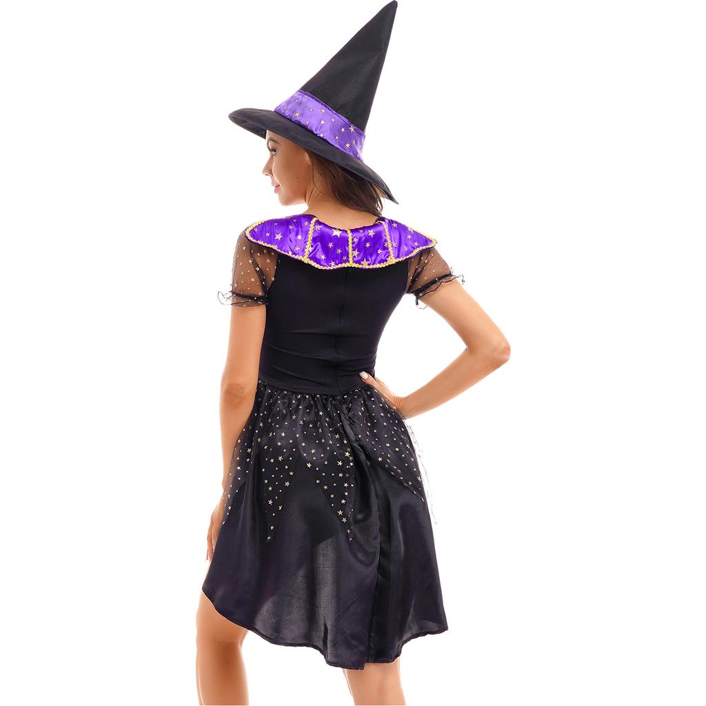 Womens Witch Vampire Elf Cosplay Costume Scary Purple Carnival Cosplay Party Outfit Puff Sleeve Asymmetrical Hem Dress with Hat
