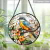 2D Flat Stained Glass Bird Window Decoration, 7.87inches Blue Bird Pink Flower Design Colored Glass Plate with Chain, Charming Spring Summer Sun