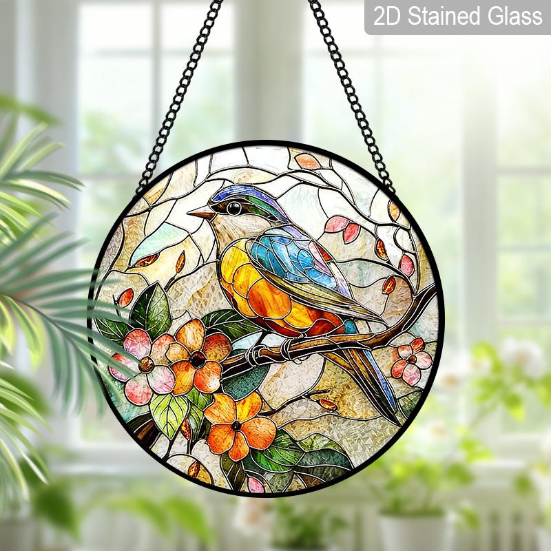 2D Flat Stained Glass Bird Window Decoration, 7.87inches Blue Bird Pink Flower Design Colored Glass Plate with Chain, Charming Spring Summer Sun