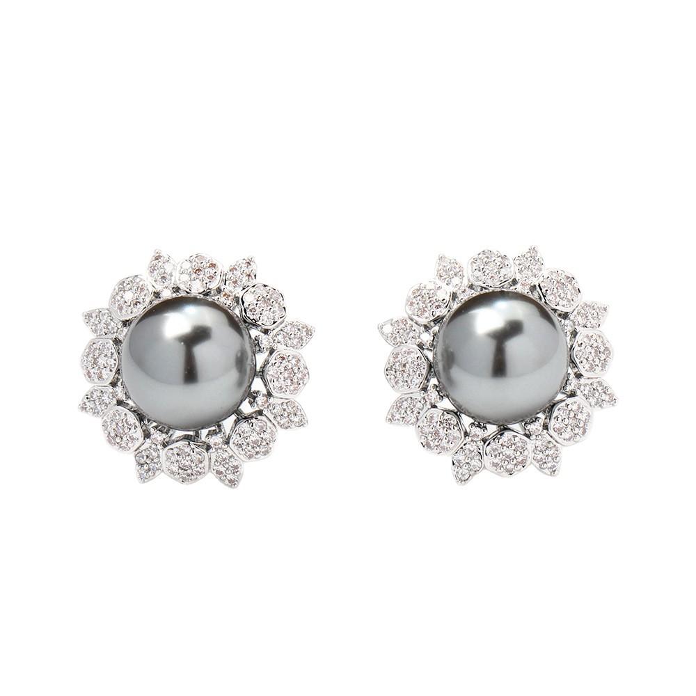 French Vintage Black Pearl Flower Stud Earrings Exaggerated Personality Exaggerated Exquisite Diamond Set Versatile Earrings Silver Needle Earrings Wo