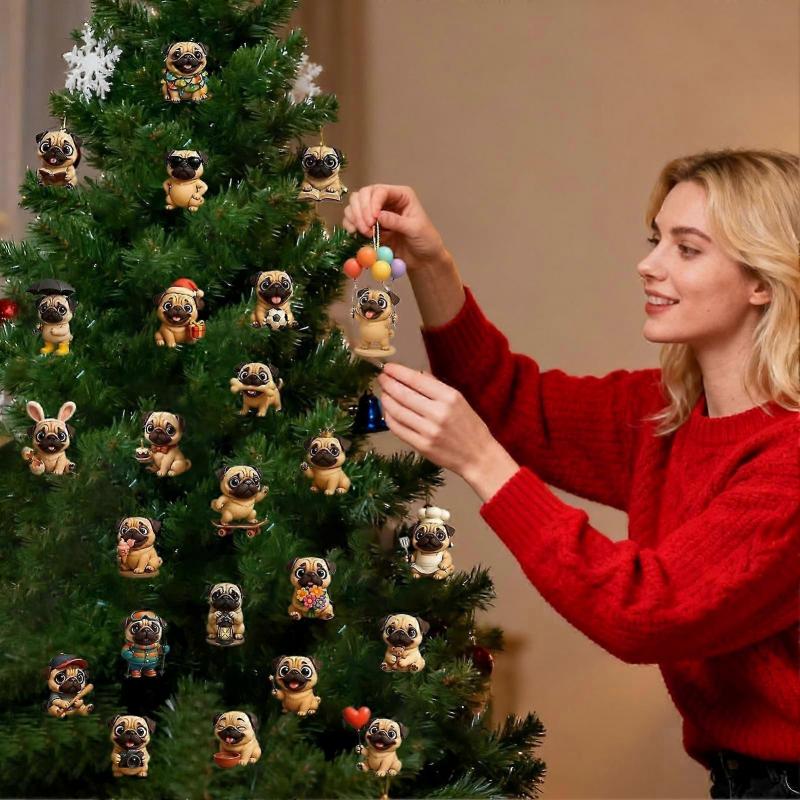 Weihnachts-Adventskalender 2025 24 Tage 2D Acryl Hund Weihnachtsbaumschmuck Mops Baumschmuck Countdown-Kalender