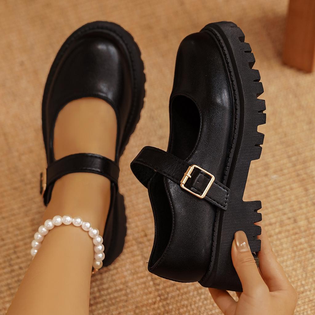 Damen neue Plateau Mary Jane Britischer Stil kleine Lederschuhe schwarz Retro Mode Einzelschuhe Damenschuhe