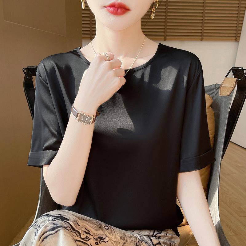 

Женский летний топ из ацетатного атласа с коротким рукавом, круглым вырезом, свободного кроя - Модный пуловер однотонной расцветки XXXL чёрный