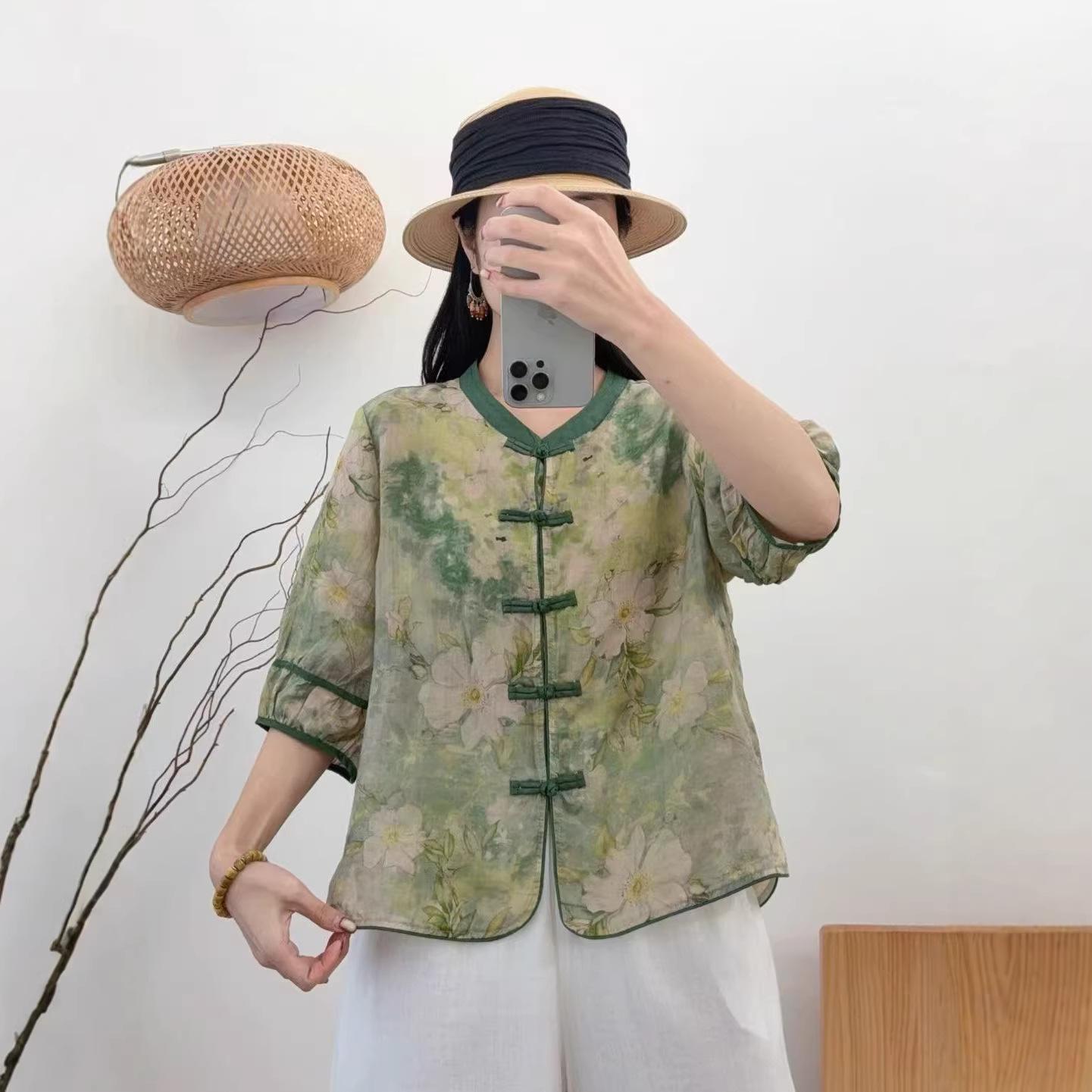 2026 Spring/Summer Women s Retro Ramie Printed Stand Collar 3/4 Sleeve Frog Button Cardigan Shirt One Size