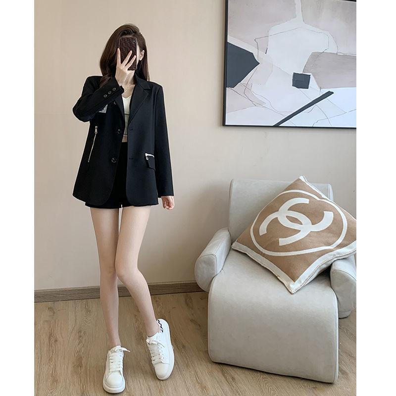 Fashion Black Versatile Loose Style Blazer with Zipper Pocket for Women