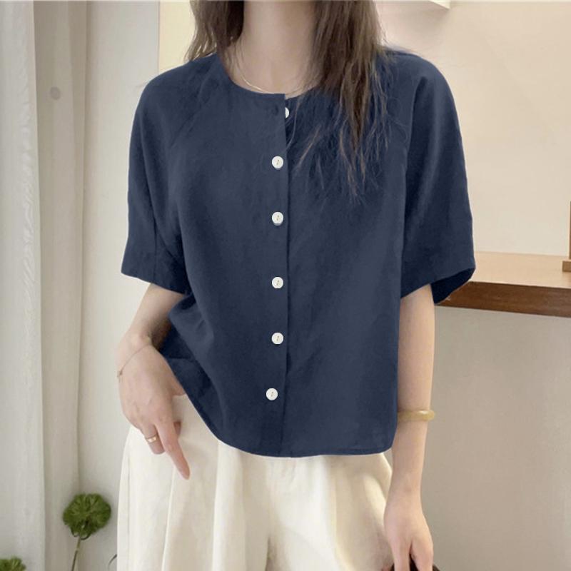 ZANZEA Women Casual Round Neck Loose Summer Half Sleeve Blouse