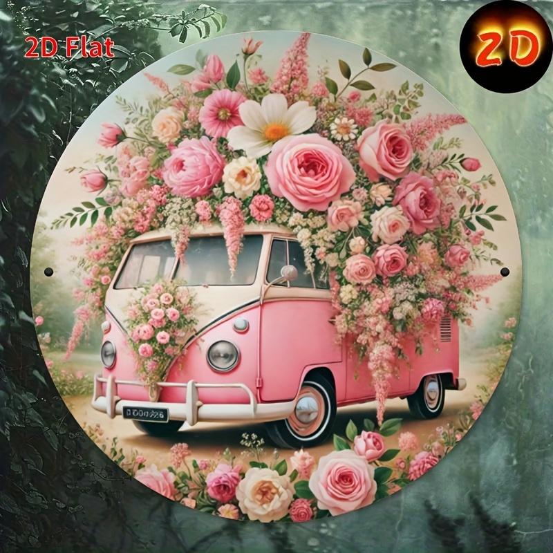 Pink Vintage VW Bus Full Of Colorful Roses Floral Tin Sign Vintage Durable Metal Plaque Wall Decor Boho Farmhouse Home Office