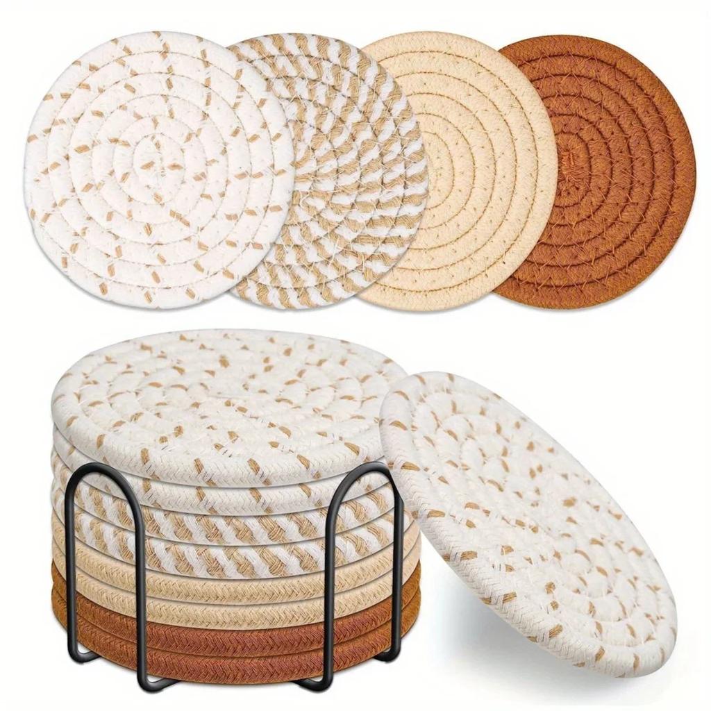 8-Piece Thickened Cotton Rope Coaster Set, Insulation Pads with Cup Holder, Decorative Cotton Coasters