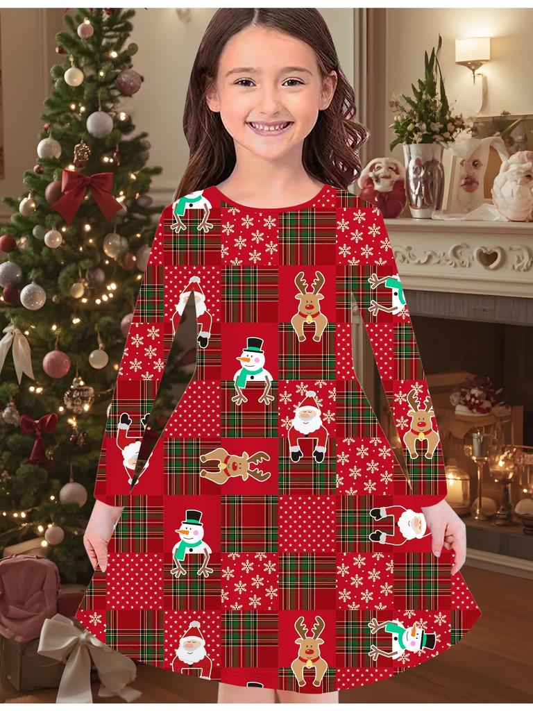 Girls' Autumn and Winter Fashion Dress, 3D Christmas Print  Round Neck Long Children's T-shirt Dress, Casual Versatile, Christmas Clothing