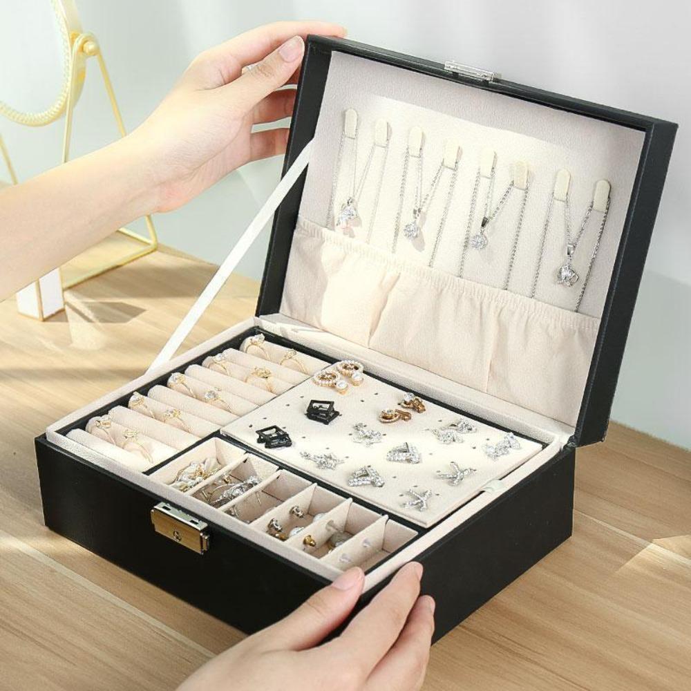 Double Jewelry Box Large Capacity Leather Jewelry Storage Box with Lock Earrings Jewelry Ring Necklace Bracelet Storage Box