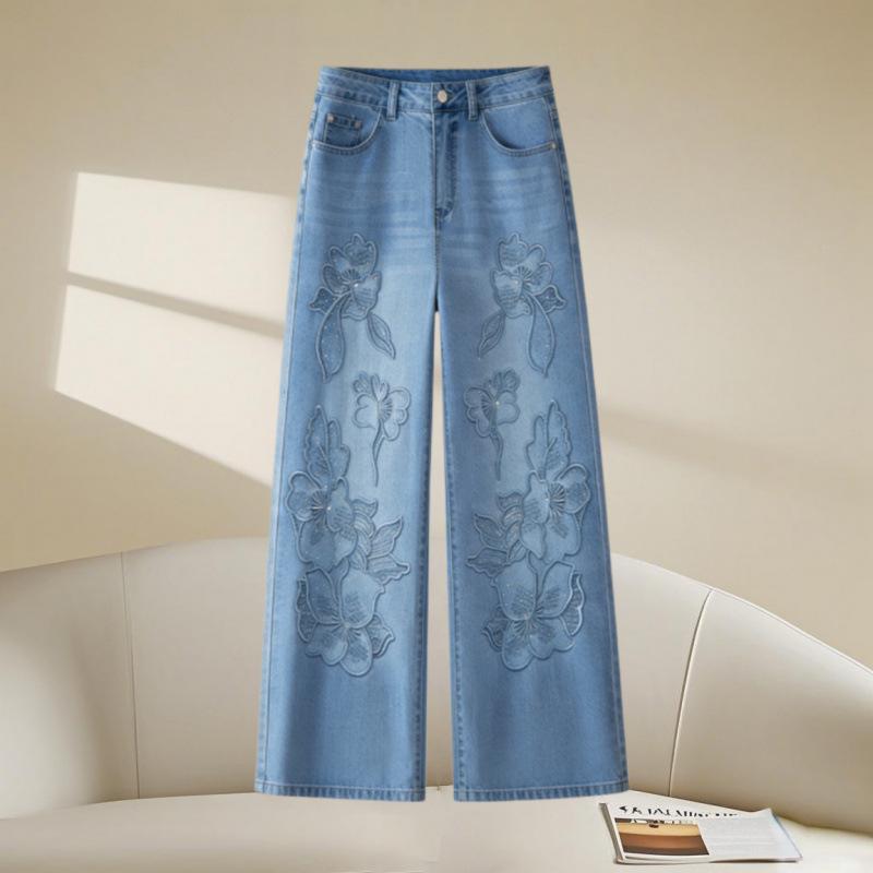 

Women s High-Waisted Blue Floral Embroidered Wide-Leg Jeans – Plus Size, Loose, Floor-Length for Spring/Summer M синій