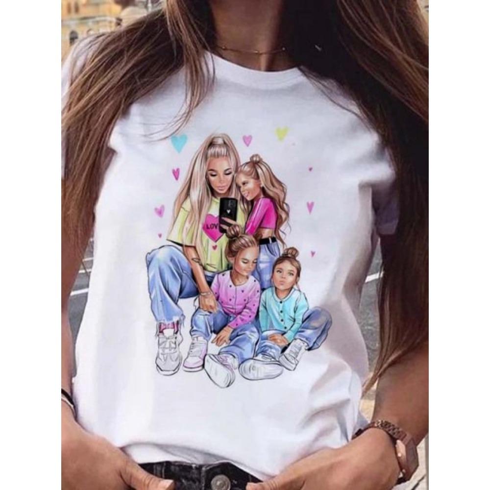 Maycaur Women T Shirt Cartoon Mom Daughter Son Print Lady T-shirts Short Sleeve Tops Women's Kawaii Graphic Female Tshirt Clothe