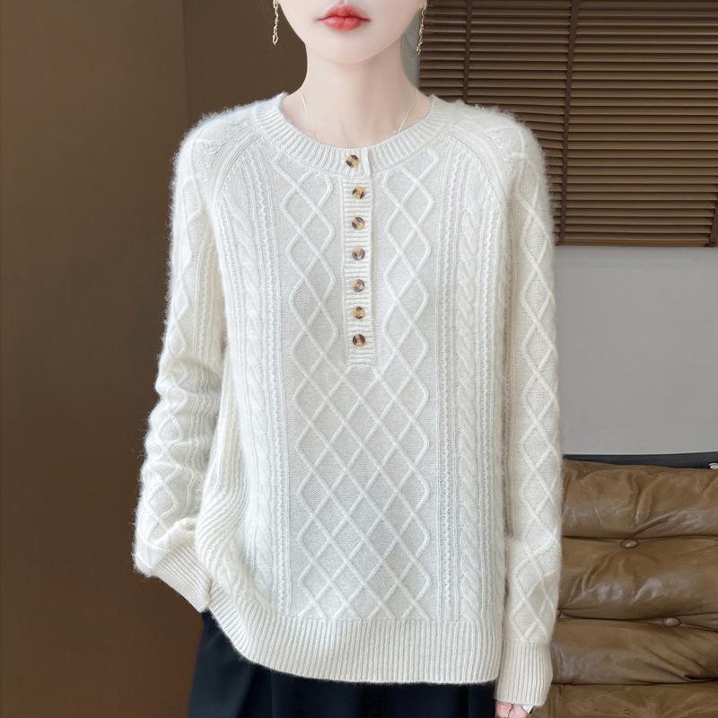2025 Autumn/Winter Wool Knit Diamond Cable Base Layer Top - Cashmere, Thick & Soft