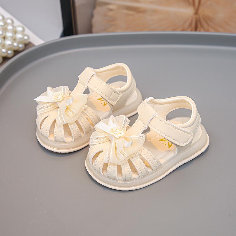 

Girls Princess Sandal T-strap Sweet Lace Bows Baby Walking Shoes Soft Sole Non-slip 2025 Summer New Kids Casual Beach Shoes Cute 16 бежевий