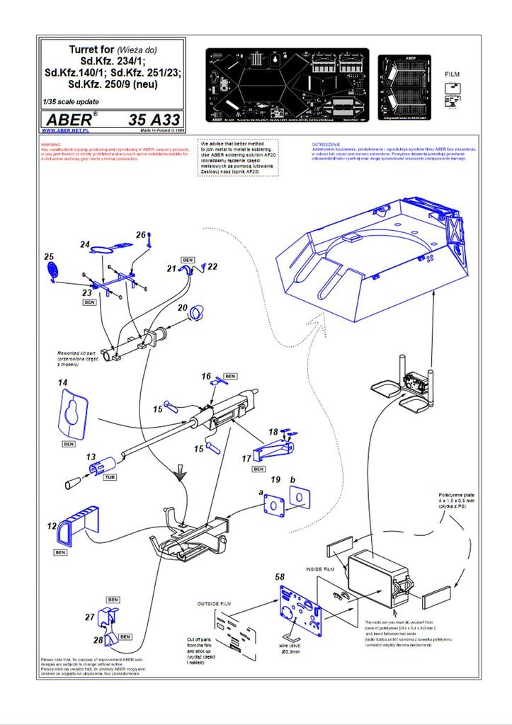 Aber 1/35 Scale German Sd.Kfz.140/1 and Sd.Kfz.234/1 Armored Reconnaissance Vehicle Turret Etching Parts (for Italeri) Plastic Model Kit Parts 35A033