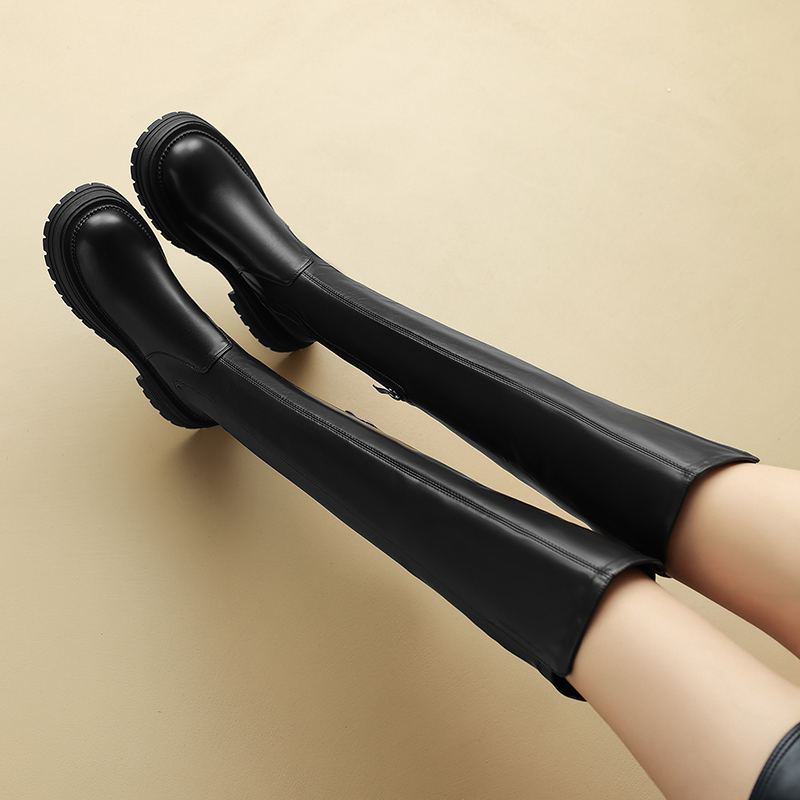 Krazing Pot Microfiber Autumn Winter Shoes Med Heels Flat Platform Size 42 Over-the-knee Boots Slip On Elastic Thigh High Boots