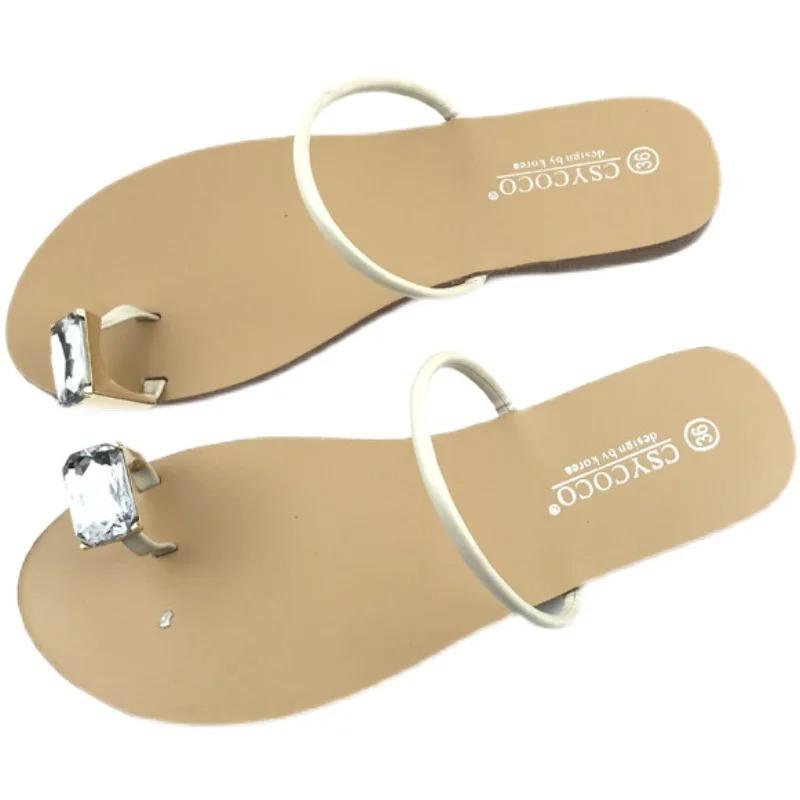 Summer Slippers Women Sandals Fashionable and Simple, Slim with Rhinestones, Flat Bottomed, Clip On Sandals for Women