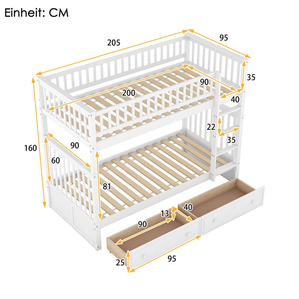 Letti a Castello 90x200cm, Letti per Bambini, Letti Funzionali, Letto a Castello con Cassetti, Letti Trasformabili, Bianco