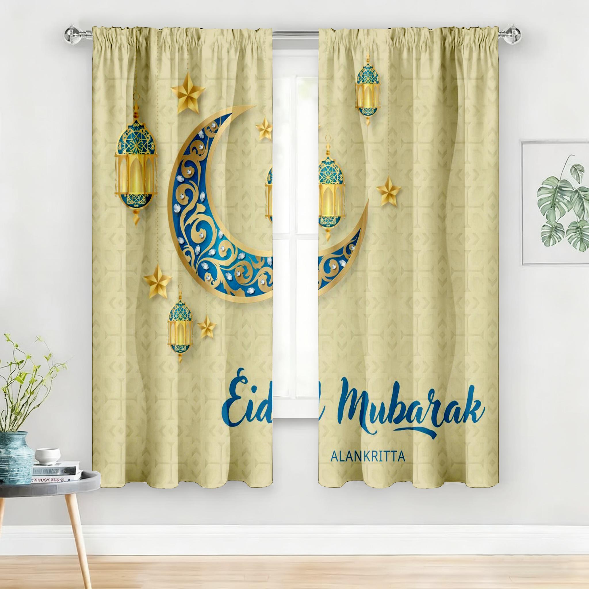 

2PC Eid Mubarak Curtains - Luxury Blue & Gold Moon & Lantern Print Window Drapes for Ramadan Home Decor 24x59in(60x150CM)x2&Rod Pocket
