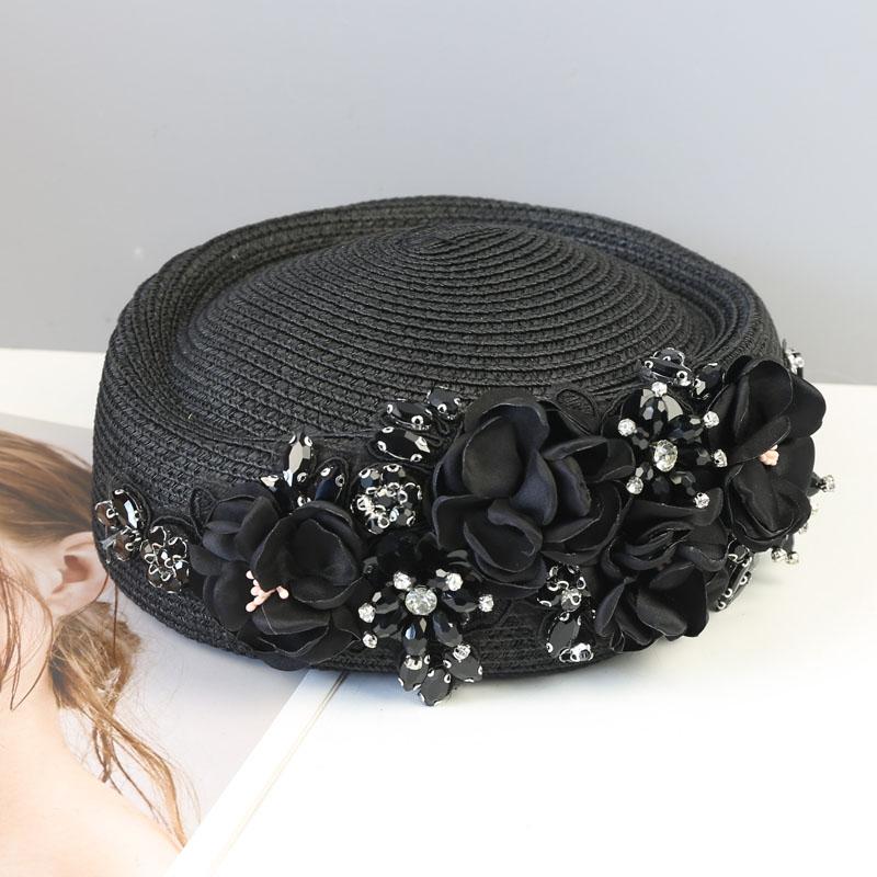 Women French Elegant Berets Fashion Rhinestone Flower Stewardess Hat for Cocktail Party Female Summer Travel Versatile Sun Hats