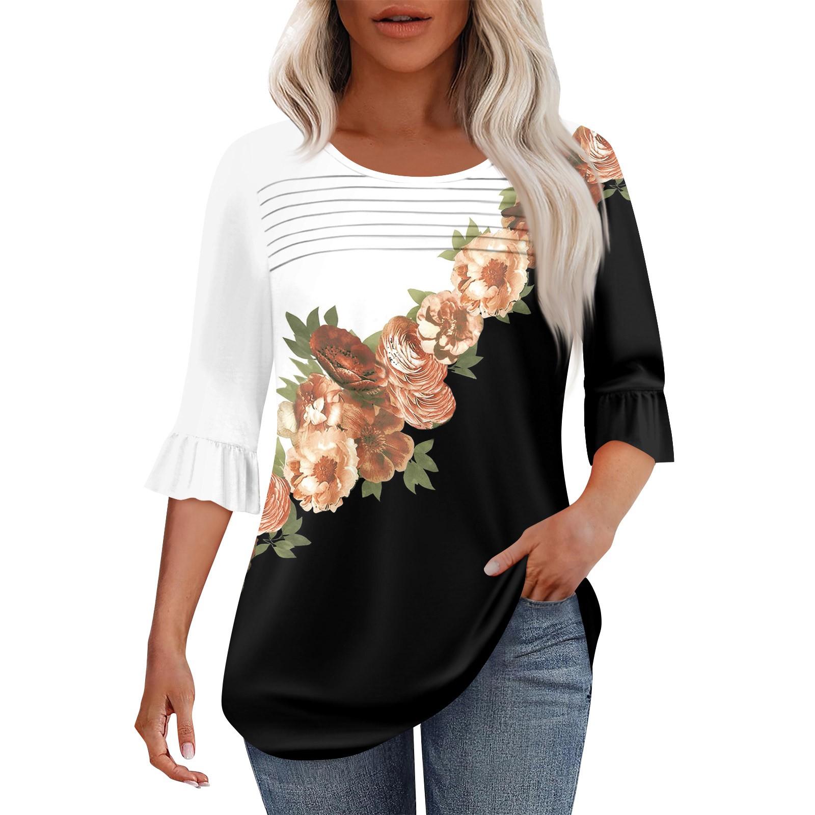 

Женская мода круглый вырез шея плиссированный спереди напечатанные точки расклешенный топ рукав 3/4 L