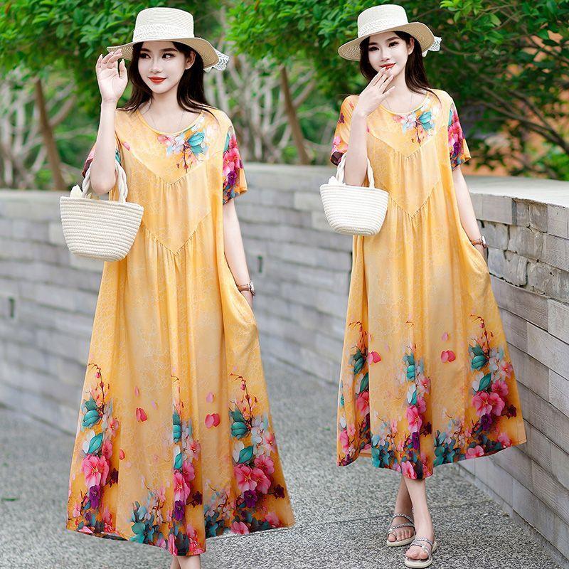 Summer Women's Plus Size Dress Loose Round Neck Floral Dress Soft Skin-friendly Breathable Long Dress