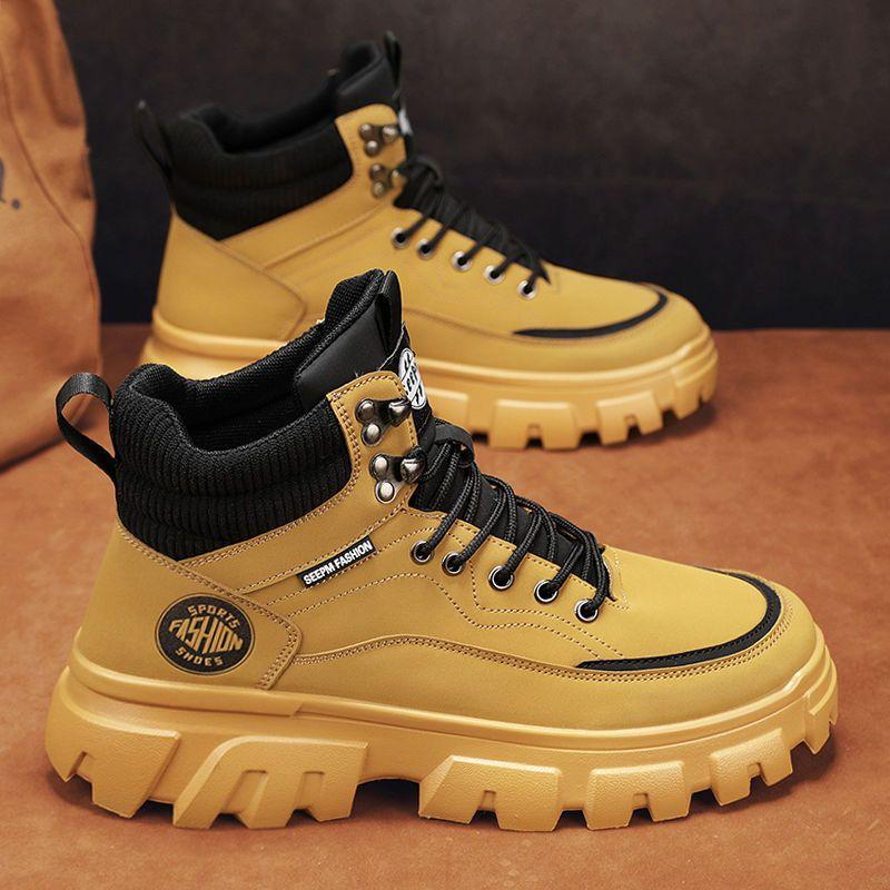High-top Men's Shoes In Summer Genuine Leather Waterproof Thick Sole Heightened British Style Rhombus Martin Boots Men's Hiking Short Boots