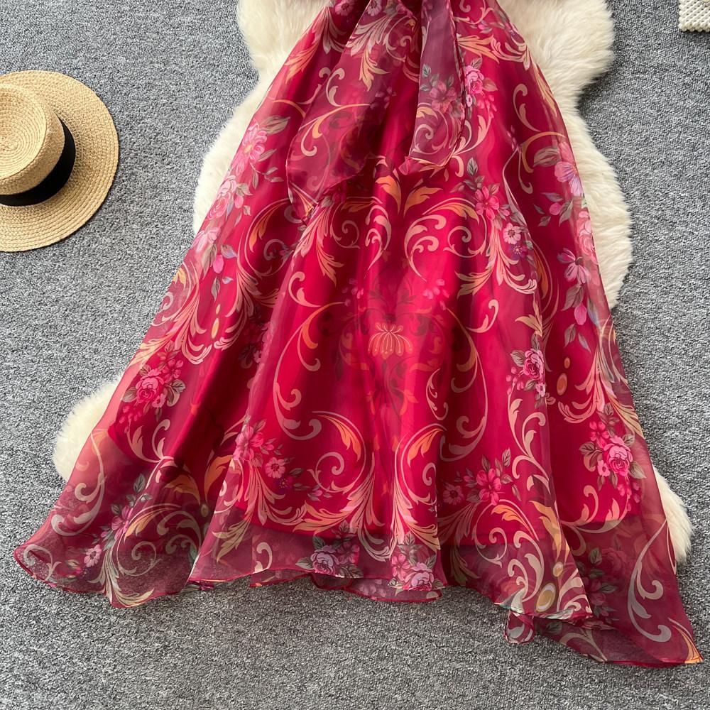French Court Style Retro Printed Dress Women's Spring and Summer Lapel Collar Waist Strap A Word Long Dress Commuting