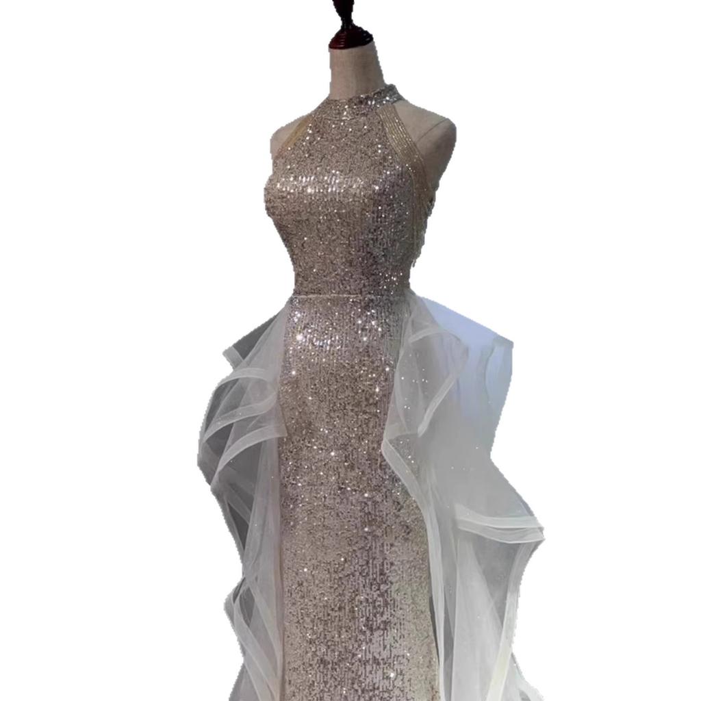 Silver and white bar mitzvah evening dress new light luxury niche birthday engagement party sequined fishtail dress
