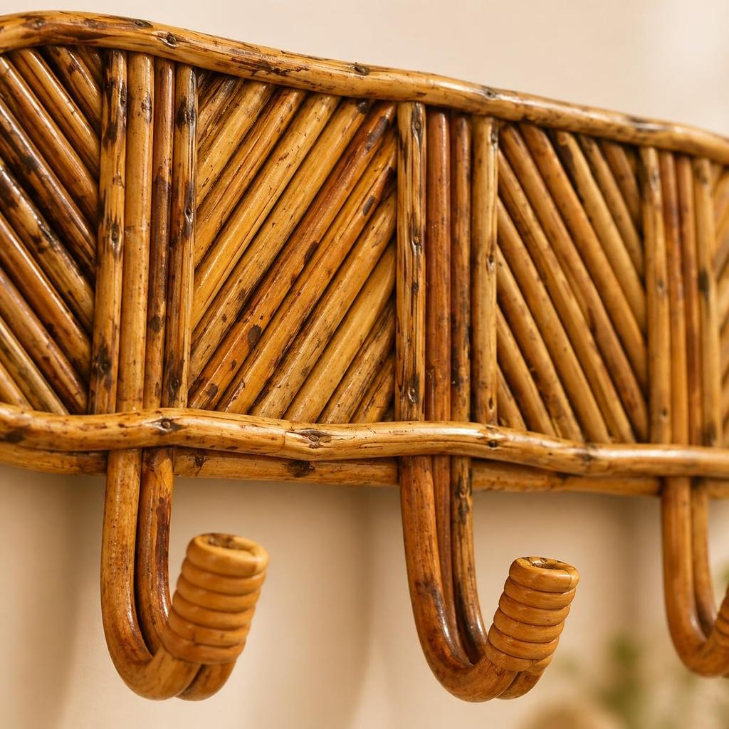 Eco Decx Handcrafted Rattan Wall Hooks, Wooden Key Holder & Coat Hanger Rack for Entryway, Bags, Towels & Home Decor 41  x  10  x  20 cm