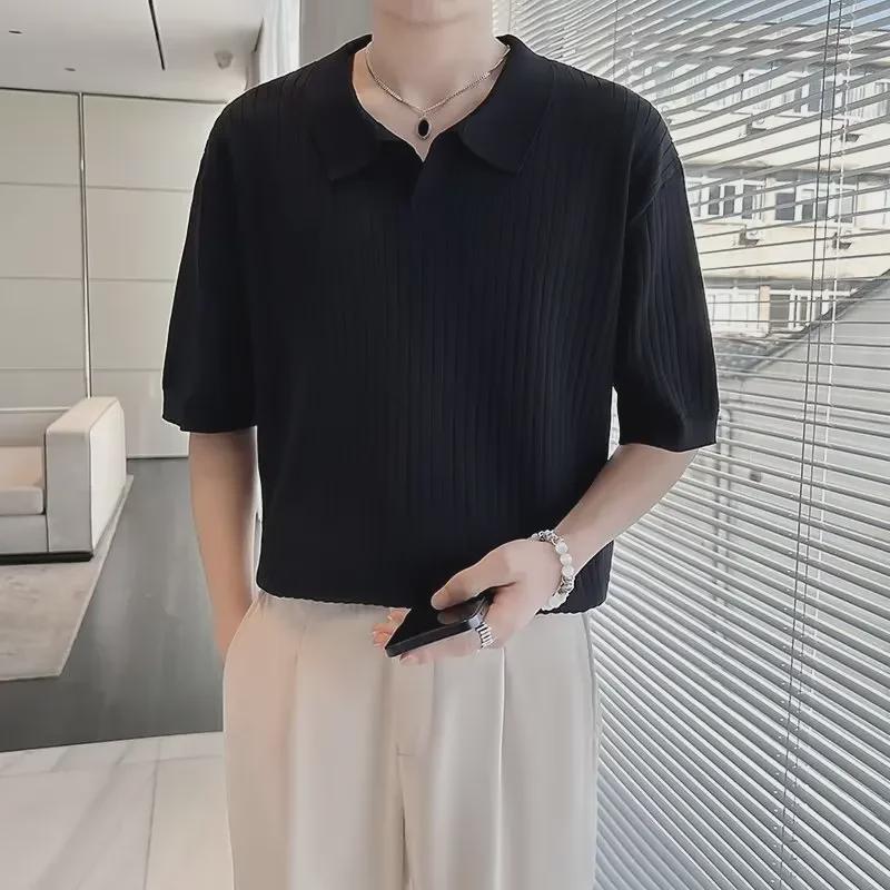 Ice Silk Men's Striped Polo Shirt - Summer 2023 Trendy Short Sleeve Korean Lapel Top