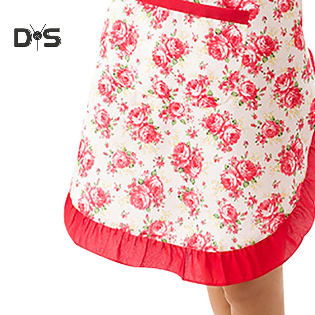 Women Floral Bowknot Waterproof Kitchen Restaurant Cooking Pocket Dress Apron