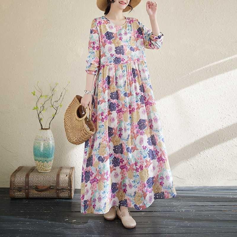 Literary Aging New Floral Vacation Style Travel Round Neck Long Sleeve Dresses